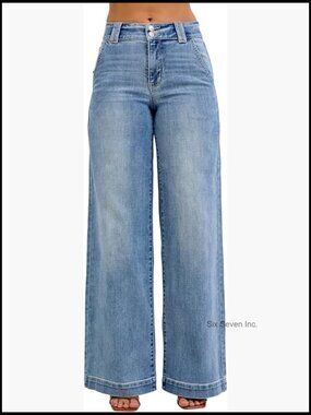 High Waisted Trouser Wide Leg Jeans - 93% Cotton 6% Polyester 1% Spandex